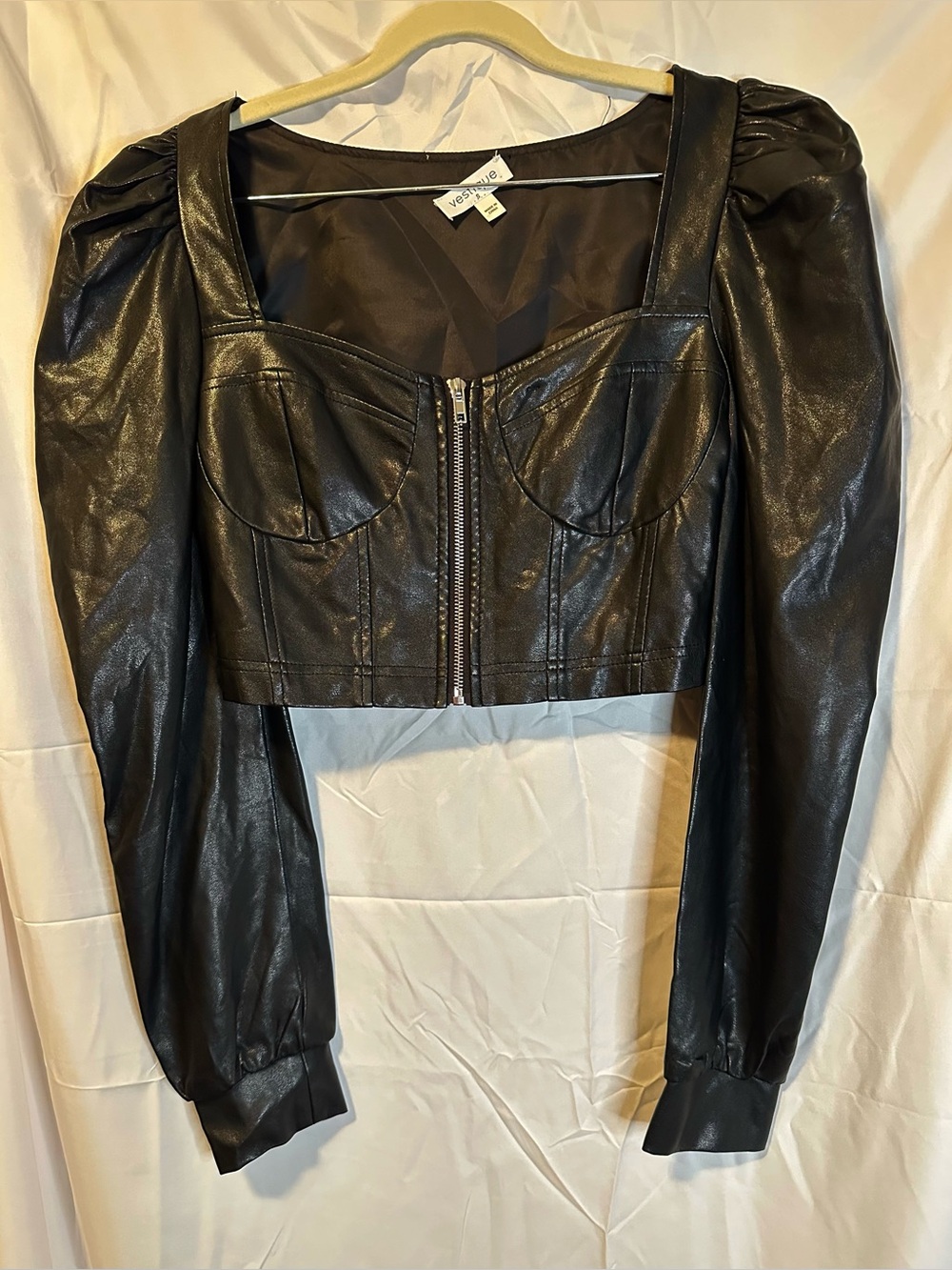Cropped Faux Leather Corset Puff Sleeve Zip Top Black Steampunk Goth Cosplay- S